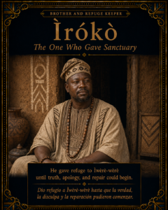 Ìrókò character card showing a calm Yoruba man near a traditional home, symbolizing refuge, protection, and repair.