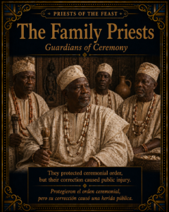 The Family Priests character card showing Yoruba elders in ceremonial attire, representing sacred order and public correction.