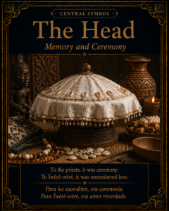 The Head symbolic card showing a covered ceremonial vessel, white cloth, cowries, and Yoruba sacred objects representing memory and ceremony.