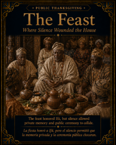 The Feast symbolic card showing a solemn Yoruba thanksgiving ceremony where private memory and public ritual order collide.
