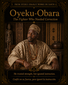 Character card of Oyeku-Obara, a traditional Ifá priest seated in Yoruba attire, representing the central figure of Oyeku-Obara’s Works on Earth.