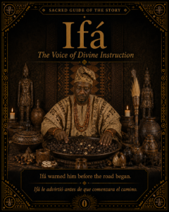 Character card of Ifá as the sacred guide of the story, shown through a divination scene with sacred tools and black ikin.