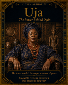 Character card of Uja, a dignified woman in traditional Yoruba dress, representing the hidden authority behind Ògún in the story.