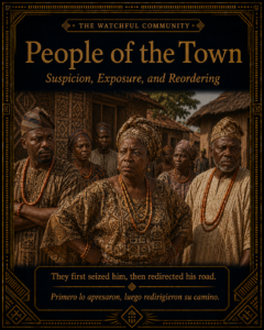 Character card showing the people of the town gathered in suspicion and watchfulness, representing the community that first seized Oyeku-Obara and later redirected his path.