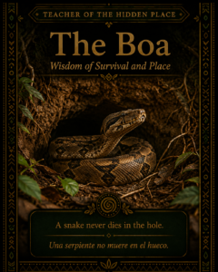 Character card of the Boa resting in a hidden hole, representing survival, place, and the remembered line, “A snake never dies in the hole.”