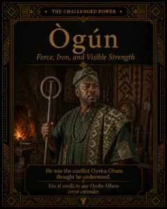 Character card of Ògún, shown as a powerful figure associated with iron, force, and visible strength in Yoruba tradition.