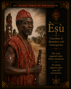 Character card of Èṣù, a sacred force of the road and boundary, shown as the guardian of movement, consequence, and proper order.