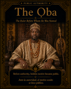 Character card of the Ọba seated in royal authority, representing the ruler before whom Oyeku-Obara was identified and questioned.