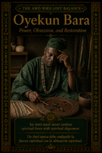 Character card for Oyekun Bara, showing a mature Awó seated with a round Òpón Ifá, black ikín, and sacred Ifá tools in a grounded Yoruba-inspired setting.
