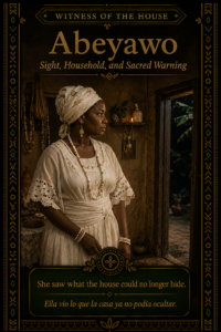 Character card for Abeyawo, showing a dignified woman in white clothing standing inside a household and looking toward the doorway with concern.