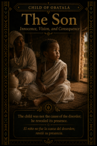 Character card for the son of Oyekun Bara, showing an innocent child of Obatalá seated in a humble household setting.
