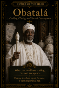 Character card for Obatalá, showing a dignified elder in white traditional clothing, representing cooling, clarity, and the owner of the head.