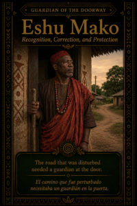 Character card for Eshu Mako, showing a mature doorway guardian standing at the threshold of a humble traditional house.