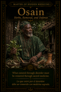 Character card for Osain, showing an elder herbalist with leaves, roots, and sacred medicine in a grounded forest setting.