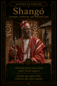 Character card for Shangó, showing a dignified Yoruba royal figure in red and white traditional clothing, holding a restrained ceremonial symbol of authority.