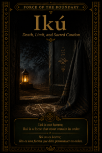 Sacred-force card for Ikú, showing a solemn doorway, dark cloth, and lantern light representing death as a sacred boundary force.