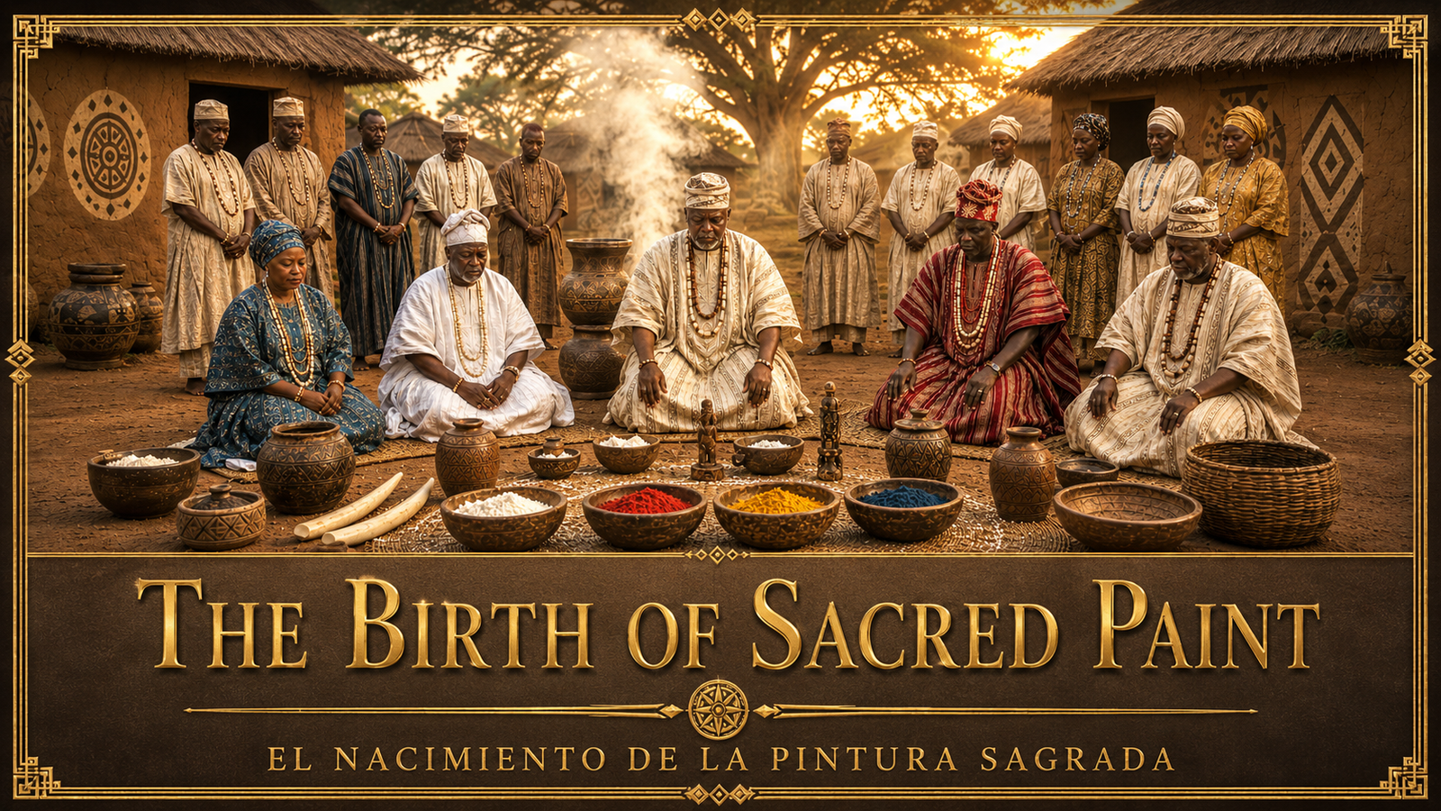 Title card for the IFAStories sacred Osha-Ifá narrative The Birth of Sacred Paint, showing the restoration of consecration order through sacred paint, color, and ritual authority.