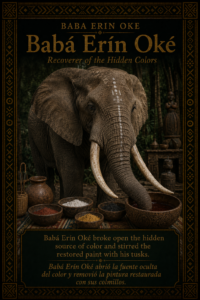 Character card of Babá Erín Oké, also called Ayanakún, from the Ifá story The Path Where the Religious Preparation of the Paint Was Born.