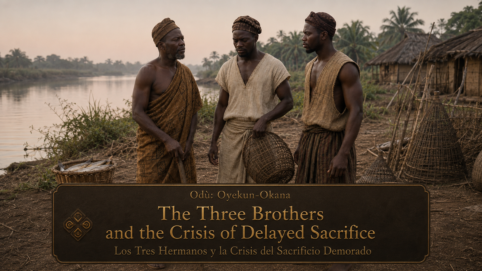 Three brothers standing near a river in the Ifá story Three Brothers, representing delayed sacrifice and the beginning of a widening crisis.
