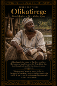 Character card of Olikatirege, eldest brother in the Three Brothers Ifá story, seated by the river with a wrapped hand.
