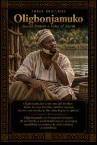 Character card of Oligbonjamuko, second brother in the Three Brothers Ifá story, shown with a bandaged jaw by the river.