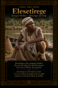 Character card of Elesetirege, youngest brother in the Three Brothers Ifá story, seated near the river with fishing tools.