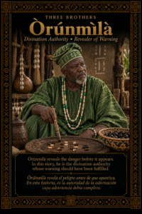 Character card of Òrúnmìlà, Ifá divination authority, seated with sacred divination tools in a Yoruba setting.