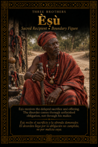 Character card of Èṣù as a sacred boundary figure seated near a crossroads in a respectful Yoruba setting.