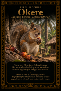 Character card of Okere the squirrel holding palm fruit in the Three Brothers Ifá story.