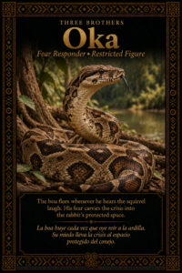 Character card of Oka, the boa, shown in a forest setting near water in the Three Brothers Ifá story.
