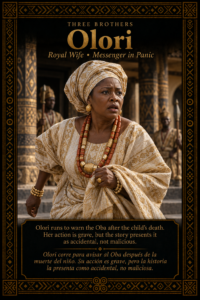 Character card of Olori, royal wife in the Three Brothers Ifá story, shown rushing in concern at the palace.
