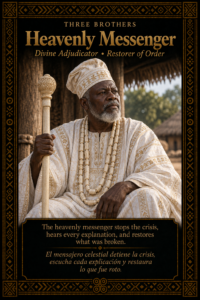 Character card of the Heavenly Messenger, divine adjudicator in the Three Brothers Ifá story, dressed in white.