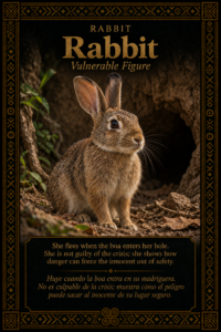 Character card of Rabbit near her hole in the forest, representing a vulnerable figure in the Three Brothers Ifá story.