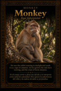 Character card of Monkey seated in an oak tree, representing fear and ignored warning in the Three Brothers story.
