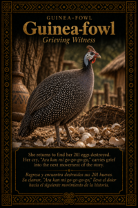 Character card of Guinea-fowl standing near broken eggs in the Three Brothers Ifá story.