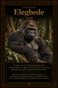 Character card of Elegbede the gorilla in the forest, representing alarm and inherited warning in the Three Brothers story.