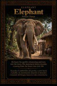 Character card of Elephant walking from the forest into town in the Three Brothers Ifá story.