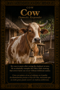 Character card of Cow in a Yoruba village setting, representing accidental harm in the Three Brothers Ifá story.